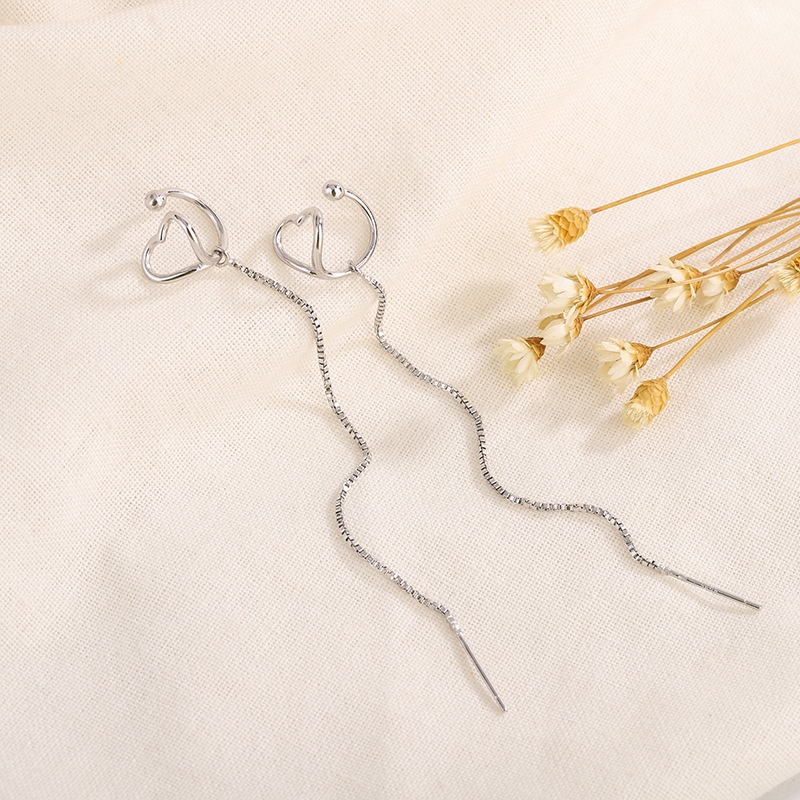 Anting Klip Telinga Hati Sederhana Rantai Warna Perak Menjuntai Earrings Woman Lady Fashion Pesta Perhiasan Hadiah