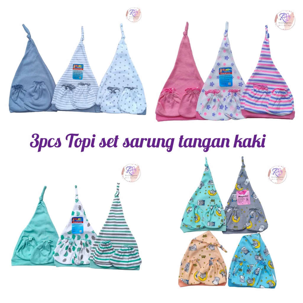 3 set topi bayi baru lahir sarung tangan sarung kaki newborn Topi bayi set 3 pasang sarung tangan 3 pasang saung kaki baby gift set