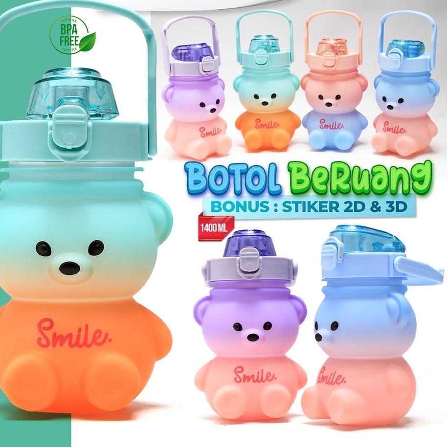 ♦ Hongzhuo Botol Minum Gemoy Motif Beruang 1400ML Botol Motivasi Botol Minum Viral terbaru ☄