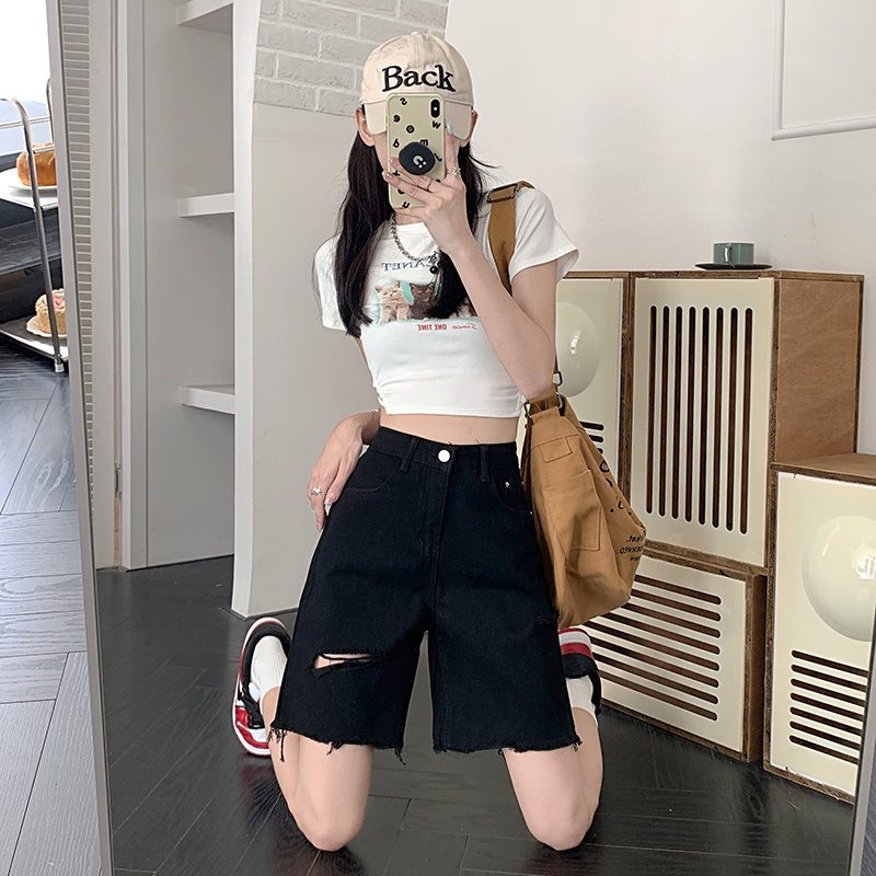 Korean Fashion Hitam Highwaist Celana Jeans Pendek Wanita