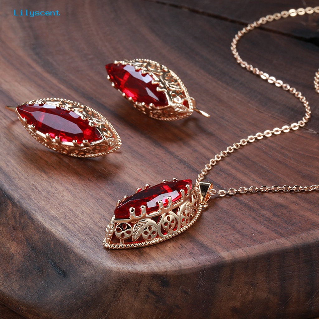 [LS] 1set Kalung Anting Set Vintage Elegan Hollow Oval Liontin Adjustable Bright Luster Hias Hadiah Pengantin Wanita Batu Permata Imitasi Menjuntai Kalung Anting Set Untuk Pesta