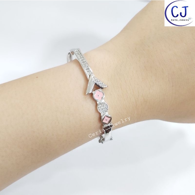 Gelang Perak Asli Silver 925 Lapis Emas Putih Model Bangle Variasi Bunga Pink - Perhiasan Perak Asli