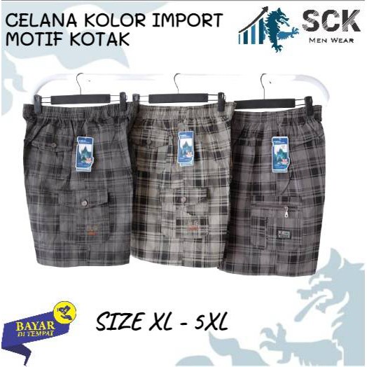 Celana Kolor PENDEK Pria HD Motif KOTAK 0602 ukuran JUMBO Kantong Samping Cargo / Celana Kolor Karet Size 4XL-6XL  - sckmenwear GROSIR