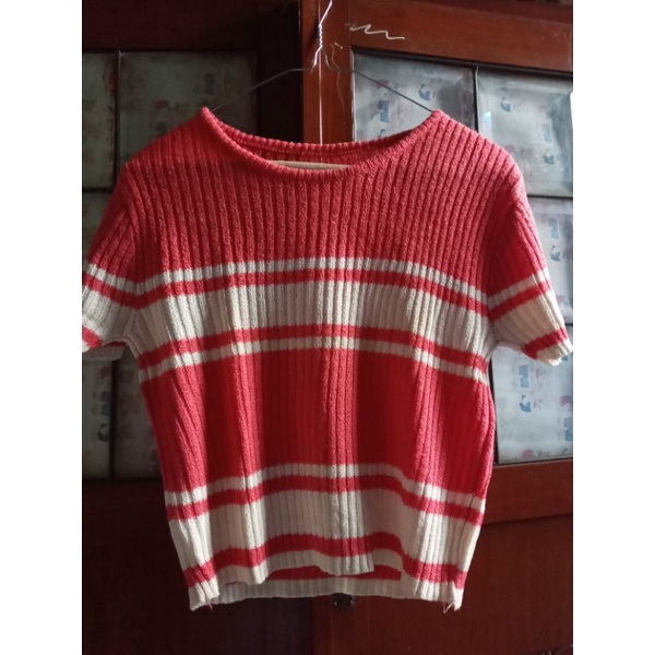 second thrift preloved preowned blouse sweater tshirt kaos pink putih garis