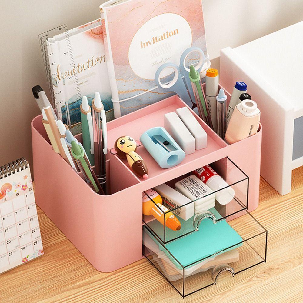 R-flower Pen Holder Multi Fungsi Dengan Laci Transparan Multiple Compartment Desktop Organizer