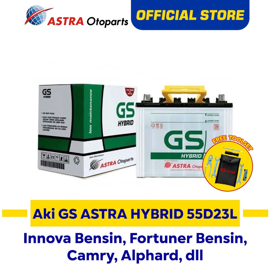Aki GS ASTRA Hybrid 55D23L untuk mobil Toyota Innova, Camry, Fortuner, dll