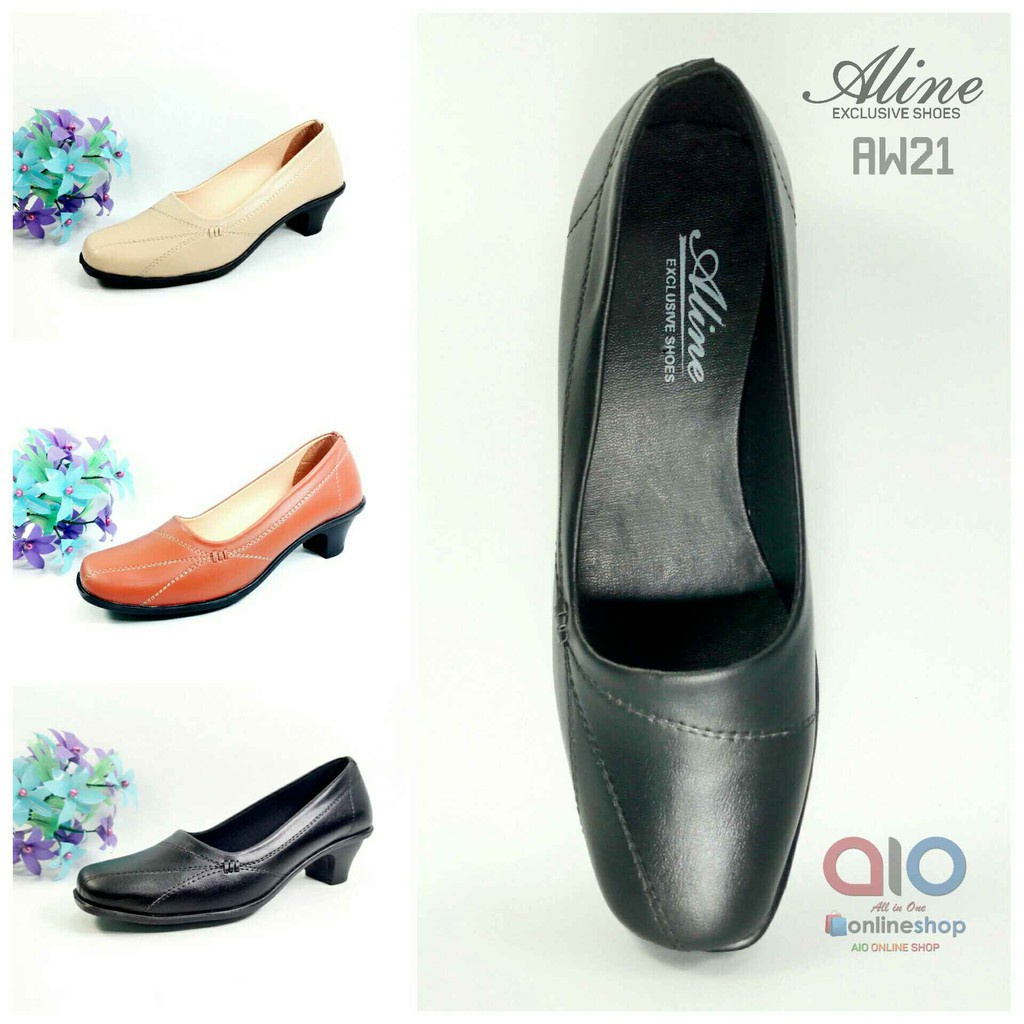 Aline Sepatu Pantofel Wanita Hak 5 Cm Pump Big / Chunky Heels Hitam Formal Guru Kantor Kerja AW21