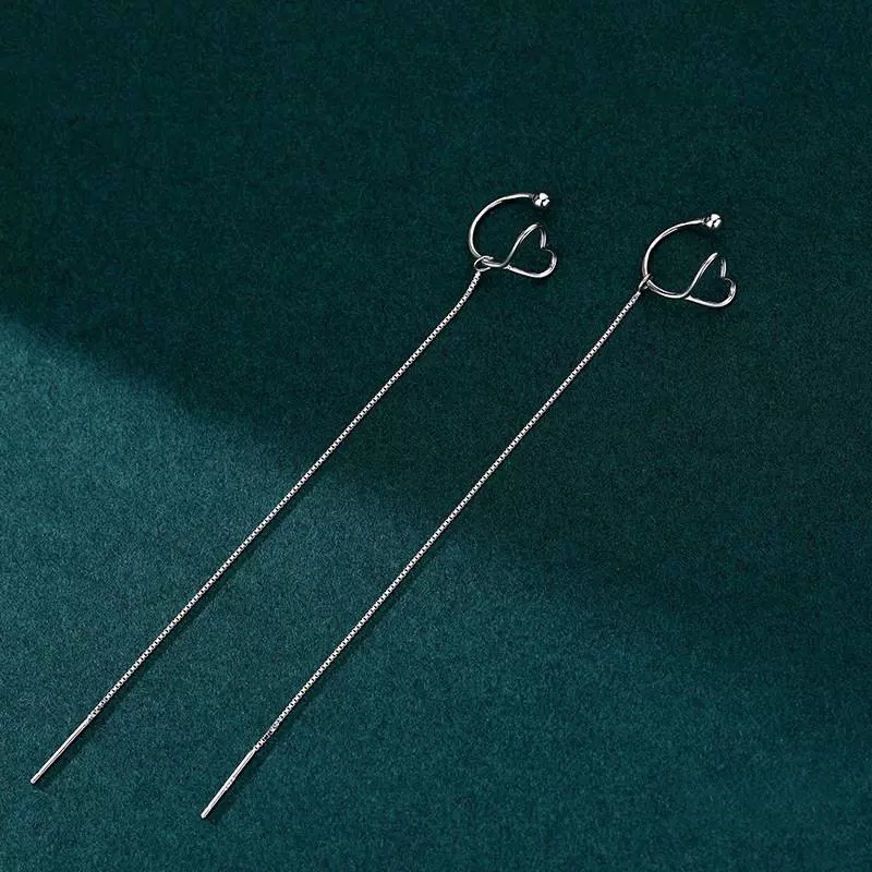 Anting Klip Telinga Hati Sederhana Rantai Warna Perak Menjuntai Earrings Woman Lady Fashion Pesta Perhiasan Hadiah