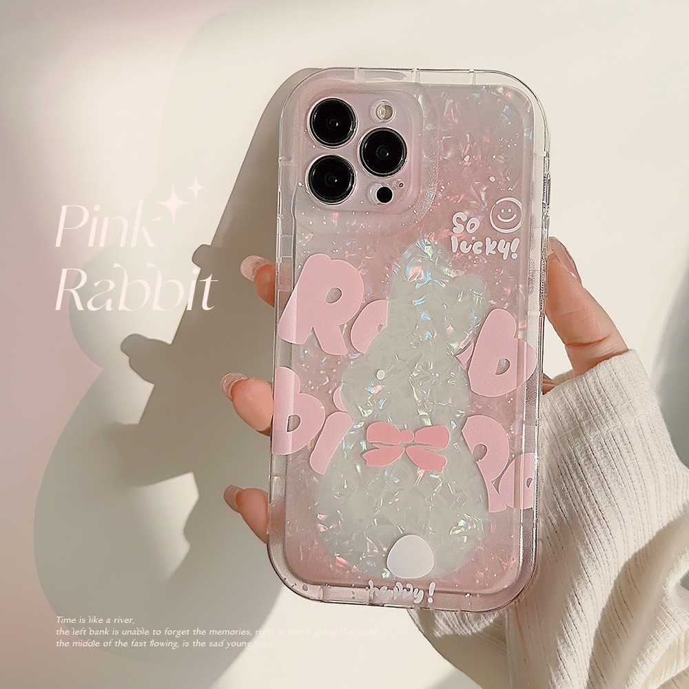 IPHONE Ins Lucu Pink Garis Burik Kelinci Kartun Silikon Case Dengan Kartu Laser Untuk Iphone14 11 12 13 PRO MAX Casing Cover Pelindung AT0054
