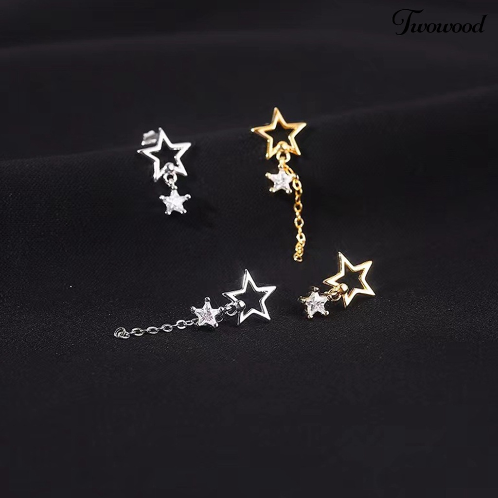 Twowood 1pasang Ear Studs Rantai Bintang Berongga Rumbai Tidak Teratur Warna Emas/Perak Cubic Zirconia Tertanam Bintang Drop Anting-Anting Perhiasan Fashion