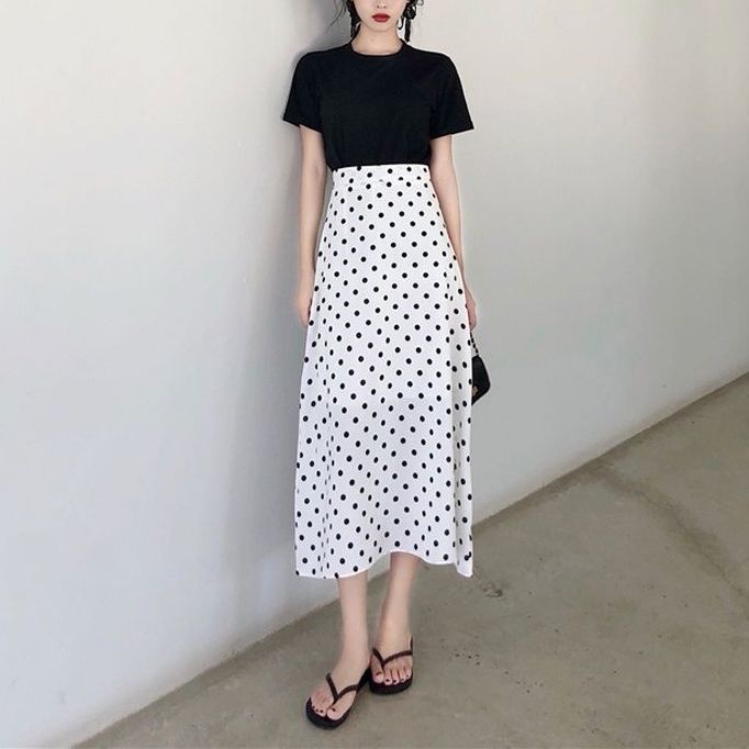 Rok polka dot pinggang tinggi wanita Korea sifon rok A-line rok panjang