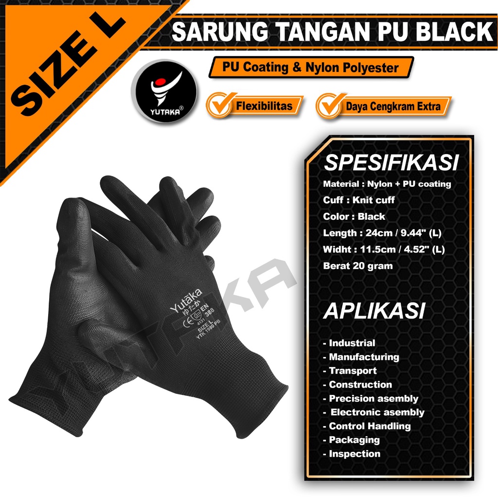 Sarung Tangan PU hitam black palm fit yutaka glove-L isi 100 psg/ Sarung Tangan Safety - PU Palm Coated Safety Working Gloves L