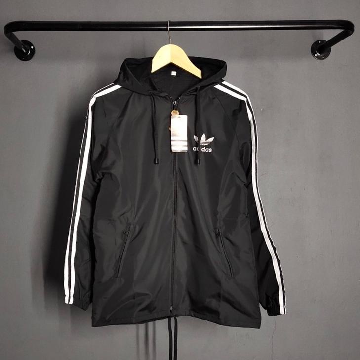 LANGSUNG ATC Jaket Pria Parasut Adidas Windbteaker Hitam List Putih XL XXL - Jaket Parsut Jumbo - Ja