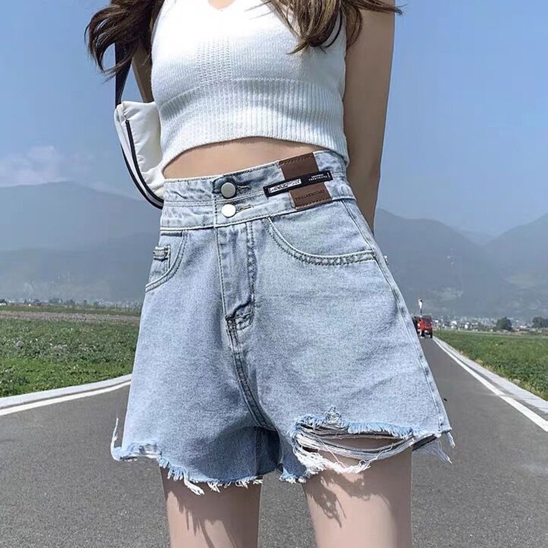 Red Celana pendek denim robek berpinggang tinggi wanita musim panas baru longgar ukuran besar berkaki lebar tipis a-line tepi mentah pendek hot pants in pasang
