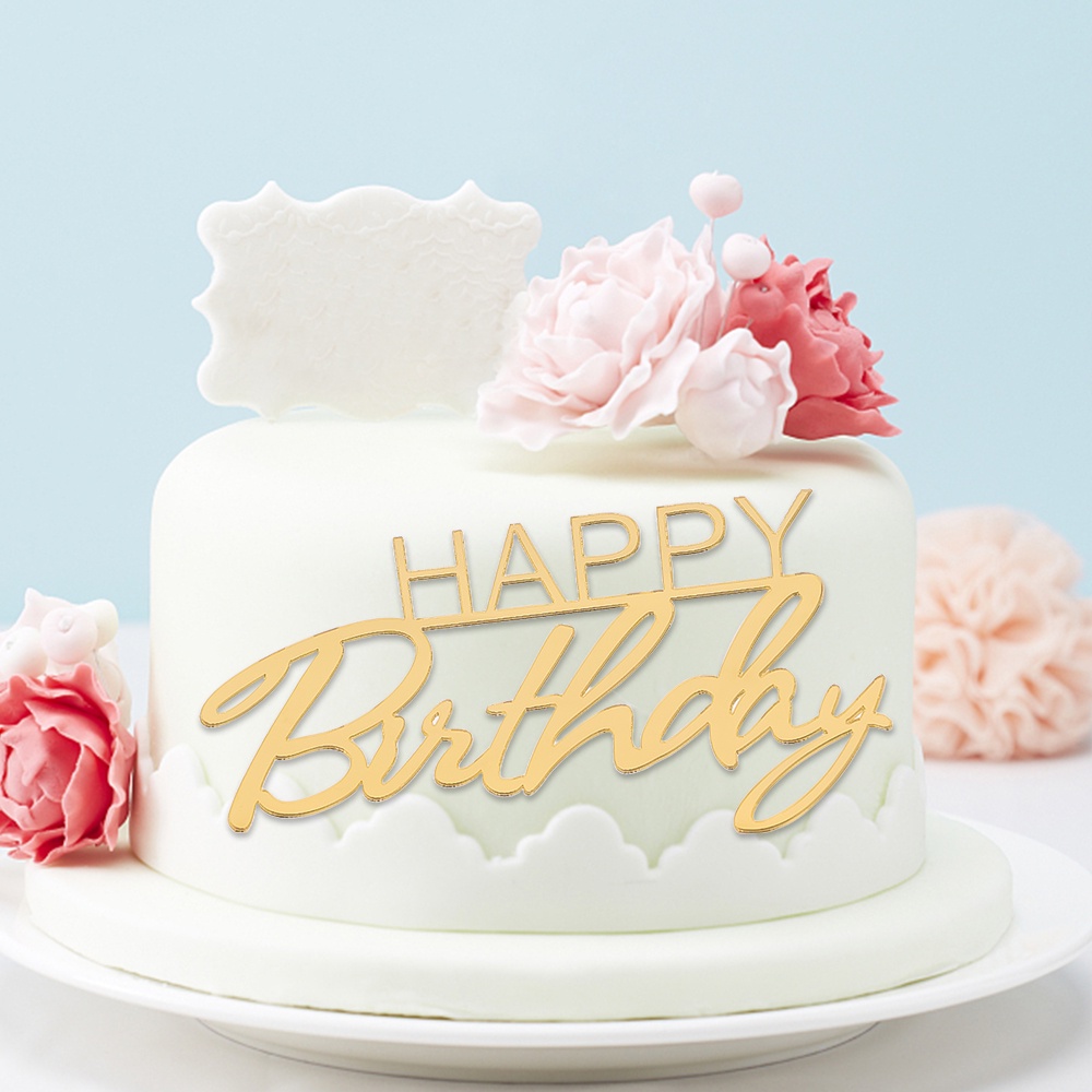 [Harga Grosir] Golden Acrylic Art Insert Card Halus Dessert Decor Aksesoris Huruf Happy Birthday Topper Kue Slice Muffin Ice Cream Pizza Hiasan