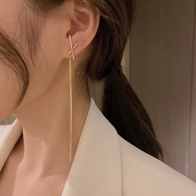 Anting Rumbai Mutiara Fashion Wanita Korea Salib Panjang Perhiasan Telinga Keren