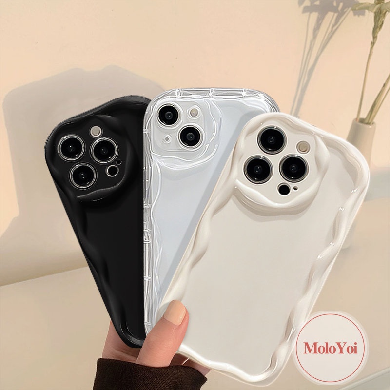 Casing Ponsel GlossyCushion Halus Kompatibel Untuk iPhone 7plus XR 11 12 13 14 Pro MAX X XS MAX 7 8 Plus SE 2020 Fashion Bingkai Gelombang Cat Air Sederhana Tepi Bergelombang Casing Lembut Tahan Guncangan