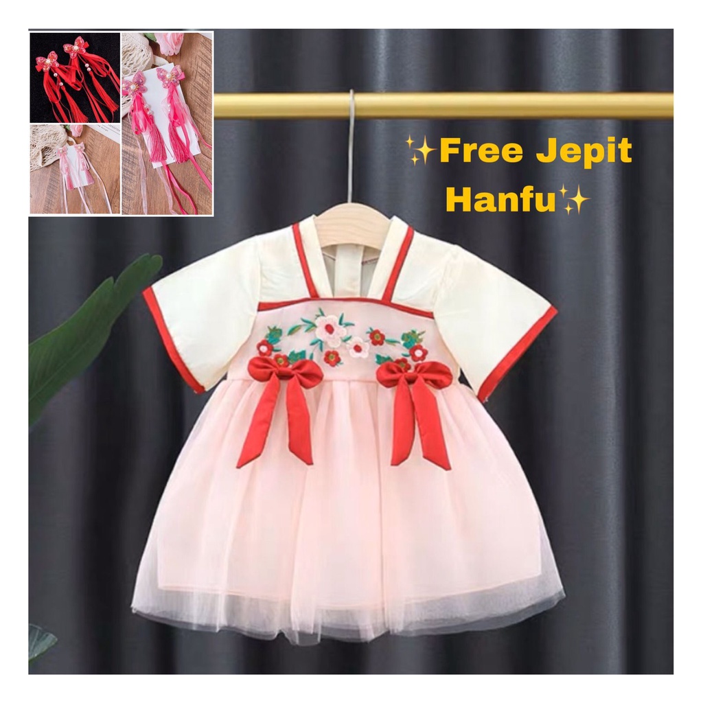 Dress Cheonsam Anak Perempuan Import Krem Kuning Motif Pita Bunga+Jepit Hanfu