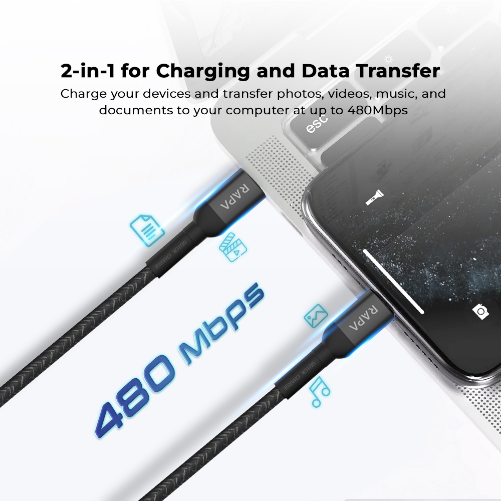 RAPAtech LINE I ORIGINAL KABEL DATA USB TYPE C TO C SUPER FAST CHARGING 60W USB-C to USB-C Cable [DC1013-BLACK]