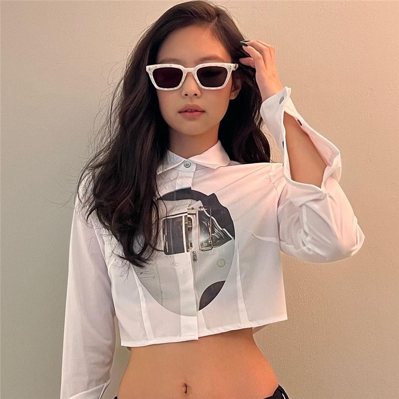 [Premium]Atasan Casual Jennie style Long-Sleeved Shirt Casual Cotton Crop midriff Top 7360 [S/M/L]