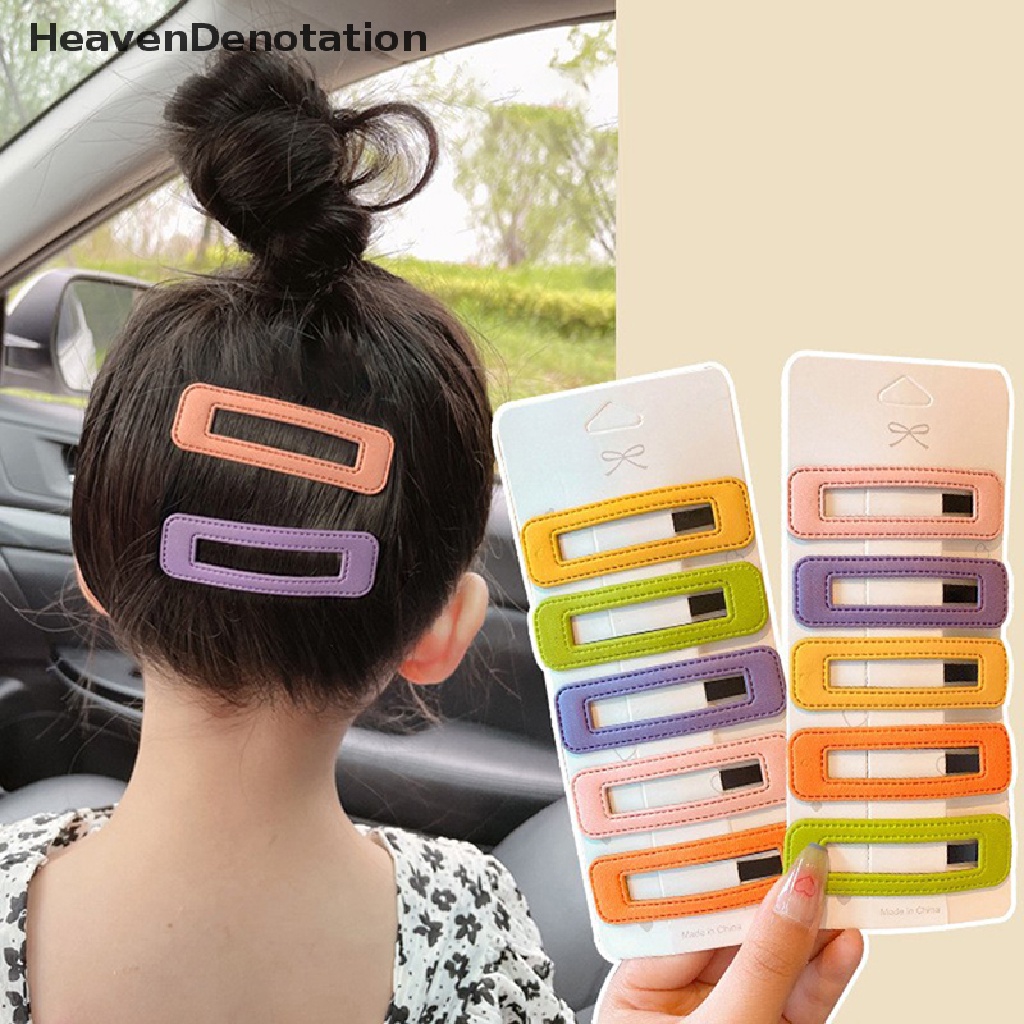 [HeavenDenotation] 5pcs Jepit Rambut Untuk Anak Perempuan Bahan Kulit Persegi Panjang Warna Solid Klip Rambut Untuk Anak-Anak Snap Hairgrips Aksesoris HDV