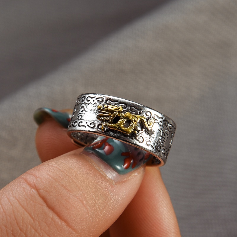 Vintage Turning Luck Naga Terbang Cincin Gaya China Perhiasan Aksesoris Pola Awan Keberuntungan Cincin Pria Mendominasi Text Cincin Hias