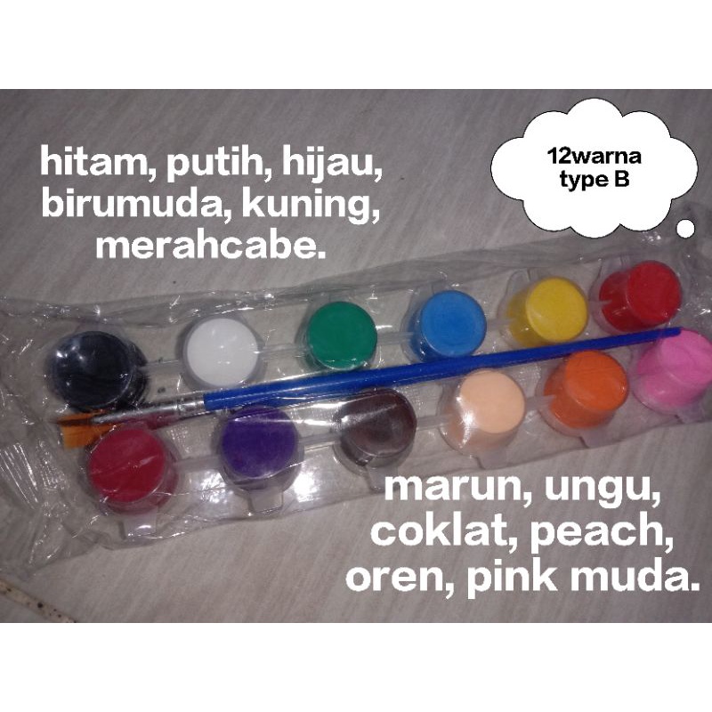 

Cat Acrylic Pot @3ml 12 Warna 2 Kuas 1 Palet / Set Kuas Lukis Flat and Round