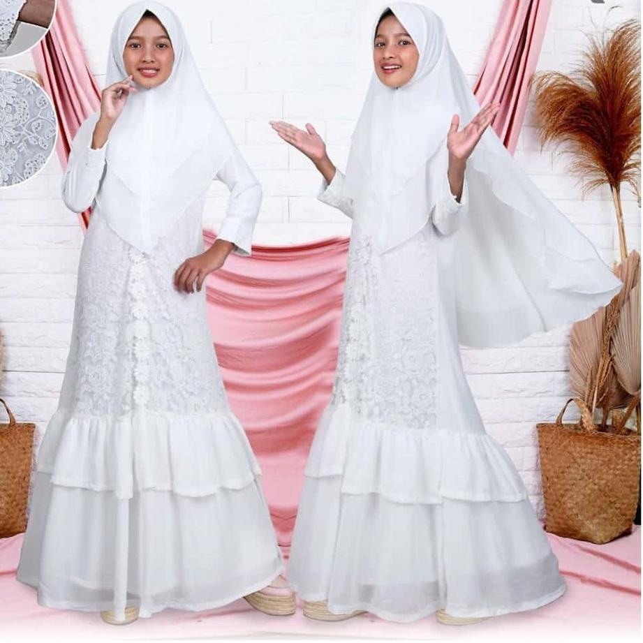 ➬ Agnes Gamis Putih Anak Perempuan Baju Muslim Baju Umroh Anak Baju Lebaran Anak Syari Anak  ❊
