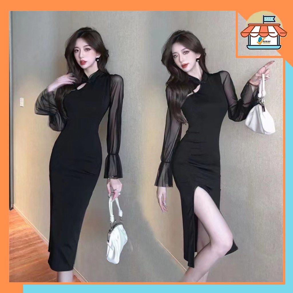 RSB DR356 Dress Midi Wanita Lengan Panjang Dress Elegant Korean Fashion