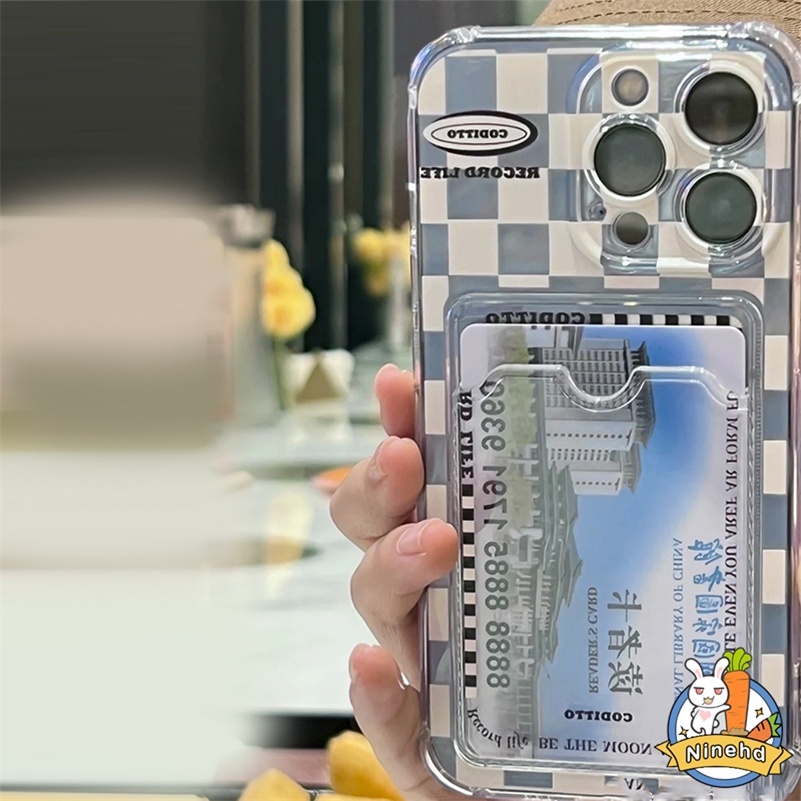 IPHONE Paket Kartu Case Kompatibel Untuk Iphone14 13 12 11 Pro Max X Xr Xs Max 8 7 6 6s Plus SE 2020 Putih Kotak-Kotak Bening Card Holder Phone Case Pelindung Lensa Shockproof Soft Tpu Back Cover