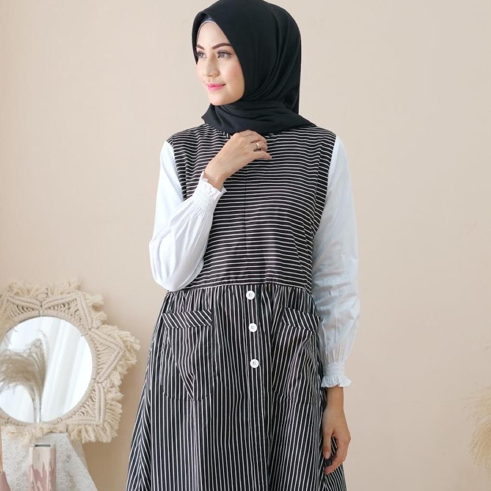 LANGSUNG ORDER Ramee Mikayla gamis katun motif garis kombinasi polos/ 2 in 1