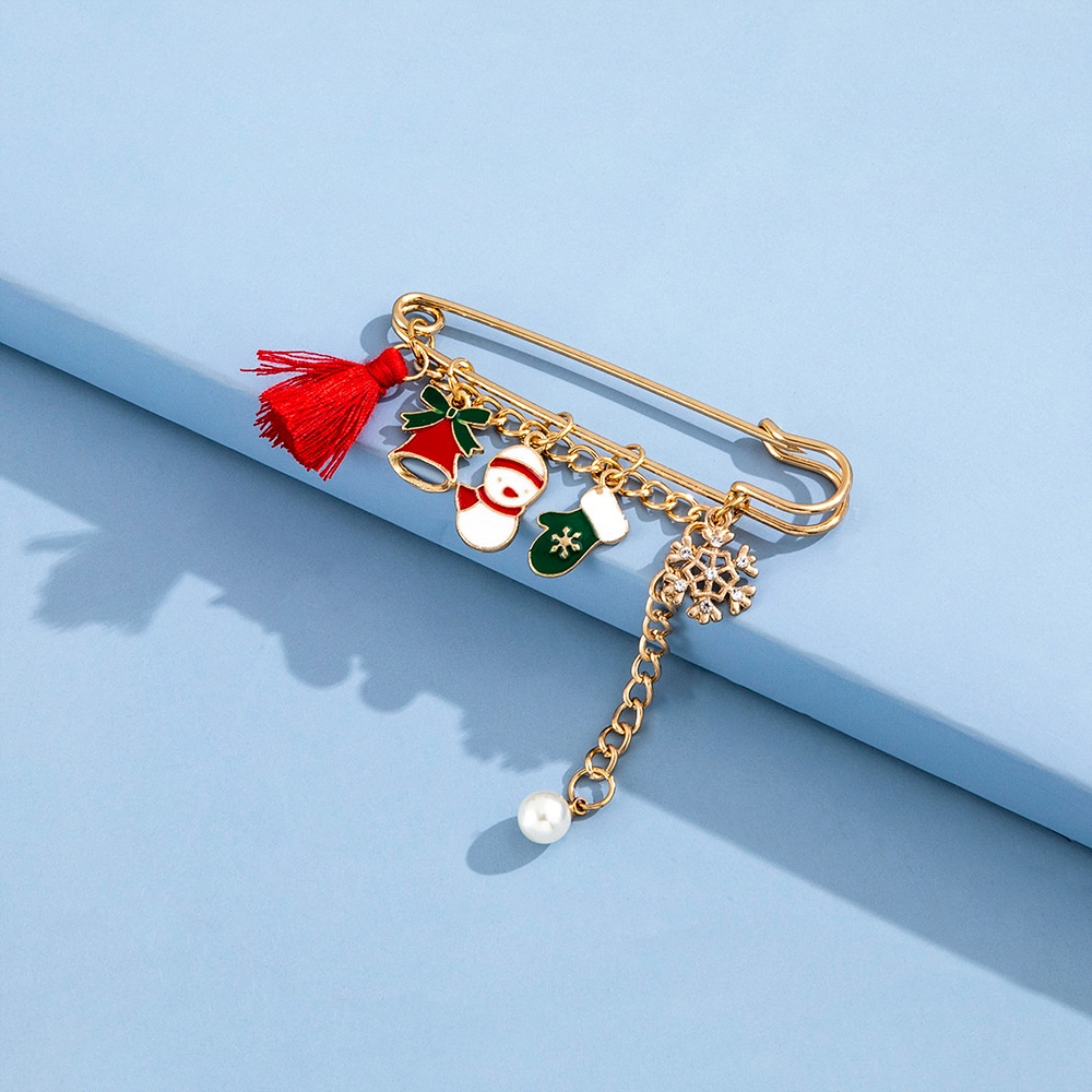 Bros Sarung Tangan Lonceng Santa Claus Natal Halus Dan Indah Rumbai Mutiara Bros Pin Besar