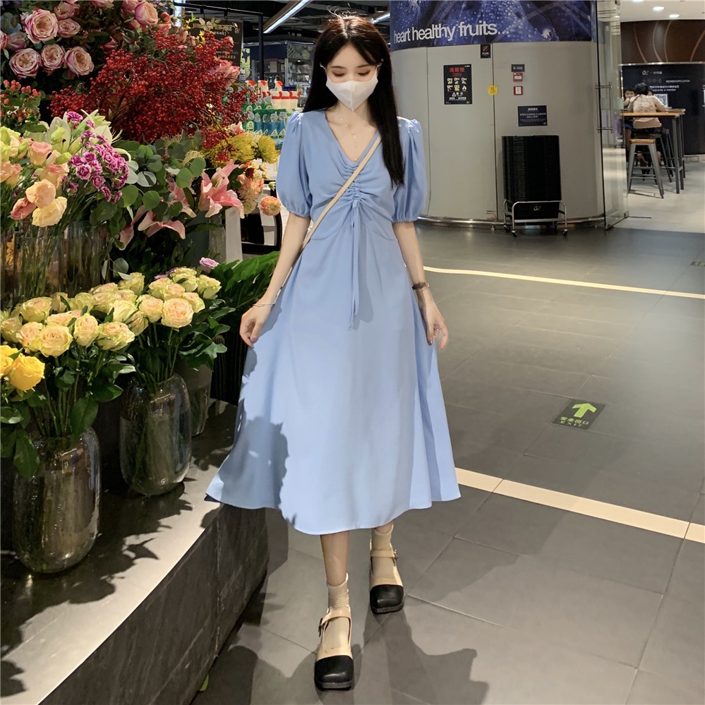 pakaian wanita korea daster kerut dada COD 2022 New Fashion Korean Style Short Sleeve Drawstring V Neck Midi Dress polos for Women Summer Black Blue solid color A-Line Casual Dresses wanita 2023 korea sexy murah