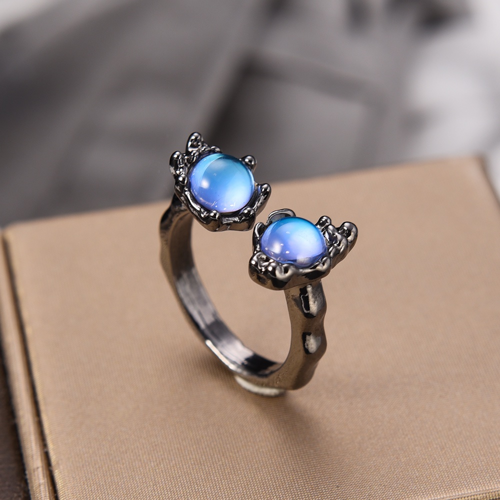 Ladies Fashion Perhiasan Indah Hadiah Pesta Cincin Wanita Pernikahan Pasangan Cincin Bertatahkan Zirkon Dapat Disesuaikan Terbuka Elegan Logam Moonstone Jari Cincin