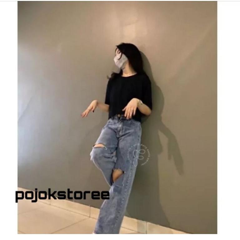 Chekout HHWAIST KULOT JEANS SOBEK LUTUT LOOSE WANITA SNOW JEANS DENIM CELANA KULOT SOBEK BOYFRIEND R