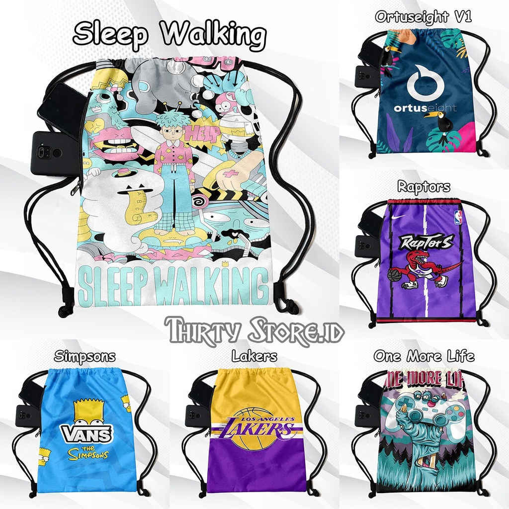 Tas Serut Full Print Stringbag Gendong Waterprouf Multifungsi Kanvas Tebal 2 Ruangan