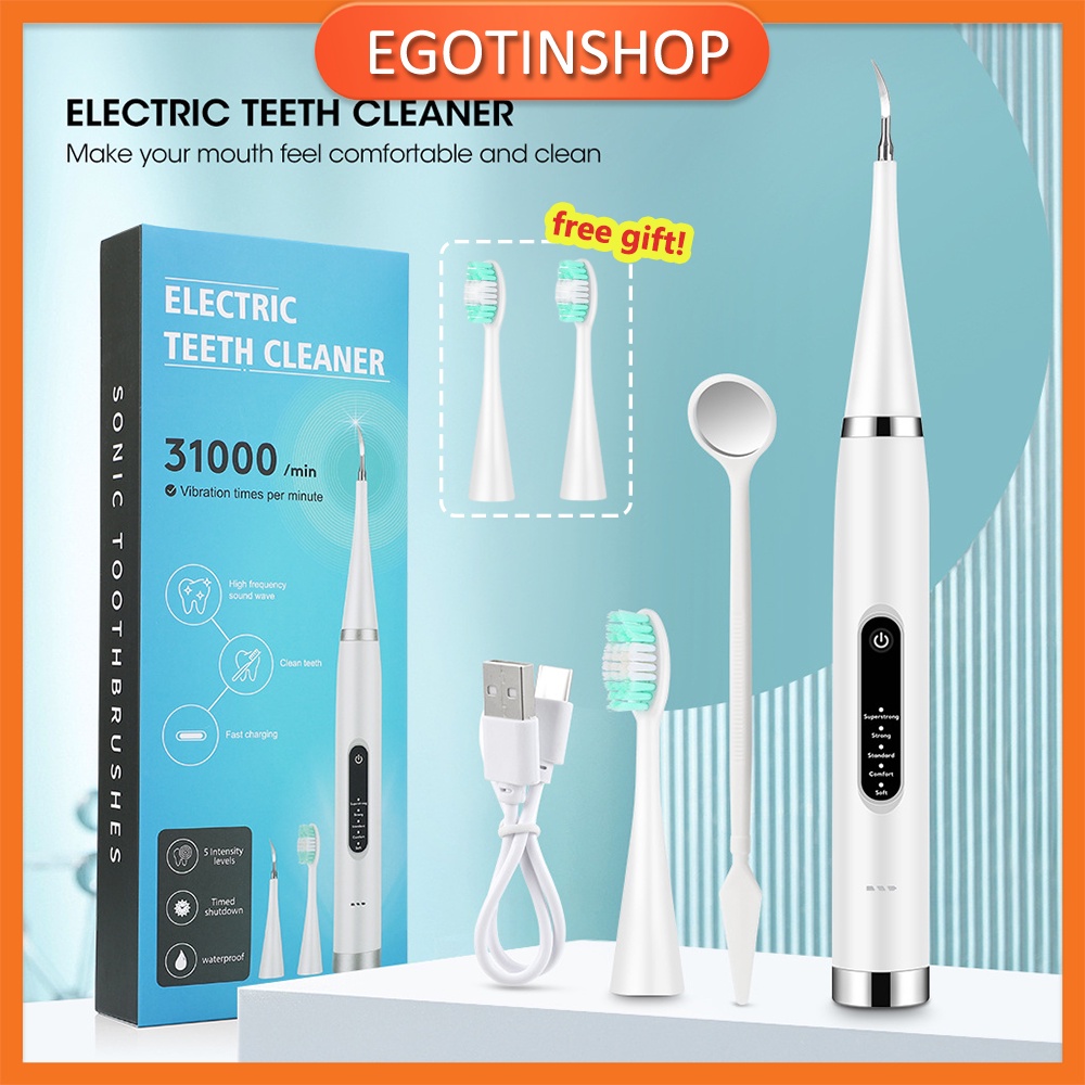 2 IN 1 Tool Dental Scaler Electric Ultrasonic Toothbrush Portable / Alat Pembersih Plak Gigi / Alat Pembersih Karang Gigi Penghilang Plak Elektrik / Tartar Remover Tool / Tooth Cleaner IPX6 Waterproof