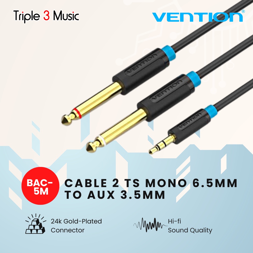 Vention BAC - 5M Kabel 2 TS 6.5mm ke 3.5mm kabel komputer ke speaker