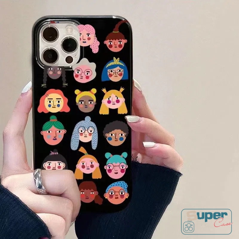 Ins Fashion Creative Case Kompatibel Untuk IPhone 7Plus 8Plus XR 14 11 13 12 Pro Max 7 8 14 Plus X XS Max SE 2020 Kartun Avatar Lucu Glossy Halus Lembut TPU Hitam Cover