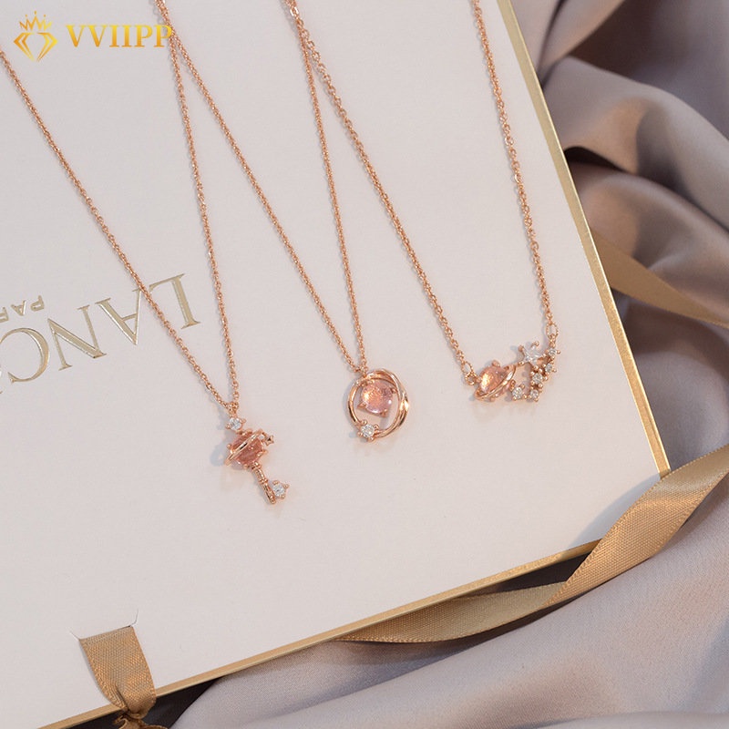 Fashion Kunci Planet Meteor Shower Kalung Pink Zirkon Kristal Liontin Rantai Choker Untuk Aksesoris Perhiasan Wanita