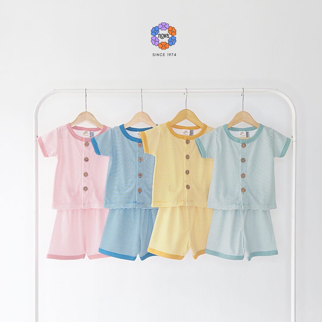 Nova Baby Setelan Baju Pendek Celana Pendek Bayi Ezy Button Set Stripe Series Baby Newborn Motif Sal