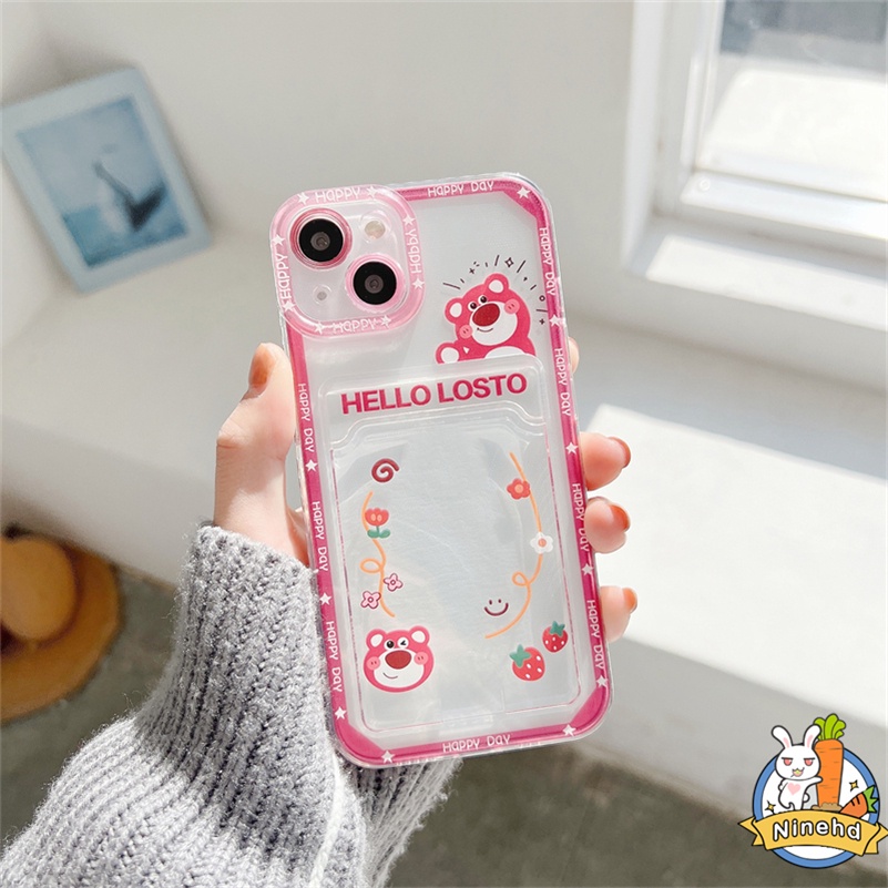 Casing Tas Kartu Bening Untuk Huawei Y9 Prime 2019 Nova 7i 8i 6SE Nova 10se 4e 3i 3e Y7A Y9A Y9s Y6P 2020 P30 Lite Strawberry Bear Kreatif Card Slot Kartu Holder Shockproof Phone Case