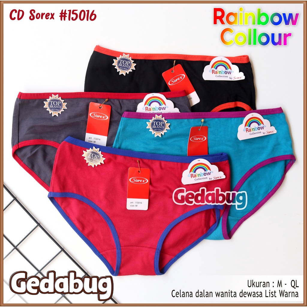 3 Pcs - CD Wanita Sorex 15016 List Rainbow Colour | Celana dalam wanita dewasa Super Soft | Gedabug