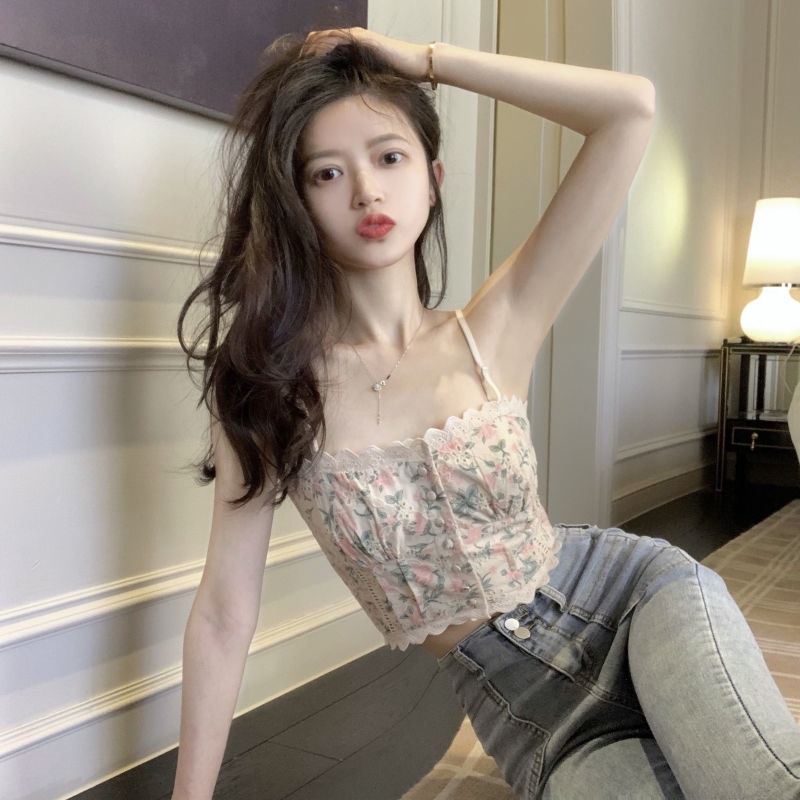 Retro renda manis bunga kecil kamisol tank top wanita musim panas memakai musim panas di luar berpak
