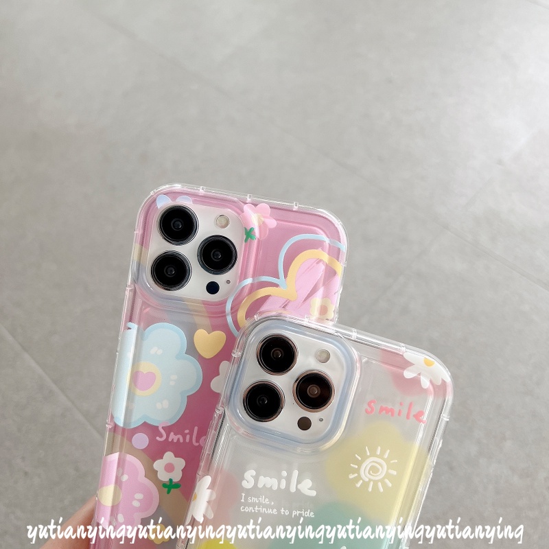 IPHONE Ins Korea Awan Cinta Hati Penutup Belakang Kompatibel Untuk Iphone11 7 8 6 6S Plus XR 14 13 12 Pro MAX X XS MAX Senyum Lucu Segar Cat Air Bunga Lembut TPU Shockproof Airbag Case