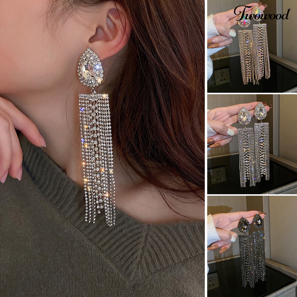 Twowood 1pasang Anting Rumbai Oversize Berlebihan Geometris Eropa Dan Amerika Temperamen Berdandan Ornamen Tetesan Air Panjang Rumbai Kristal Imitasi Anting Perhiasan Fashion