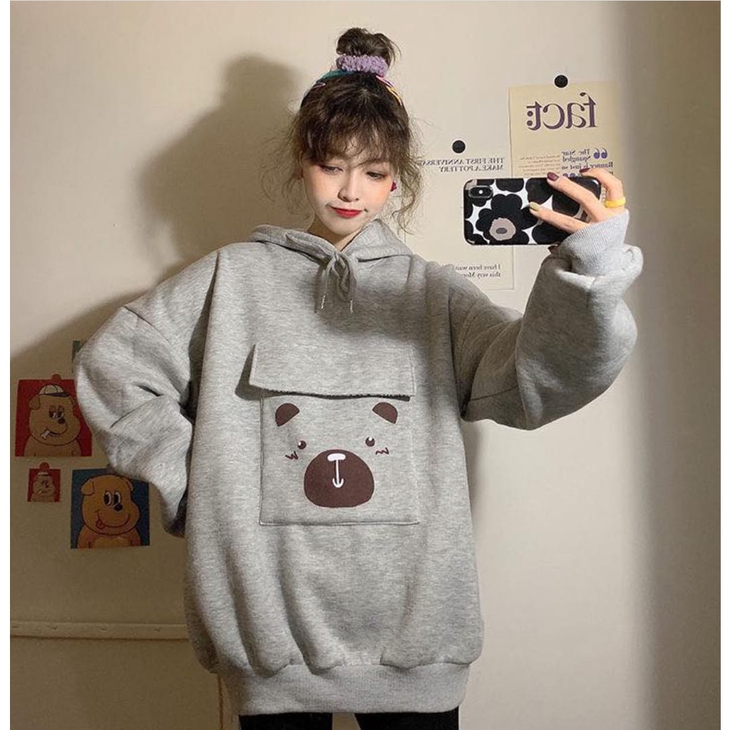 SWEATER HOODIE POCKET BEAR OVERSIZE / SWEATER HOODIE WANITA KOREAN STYLE