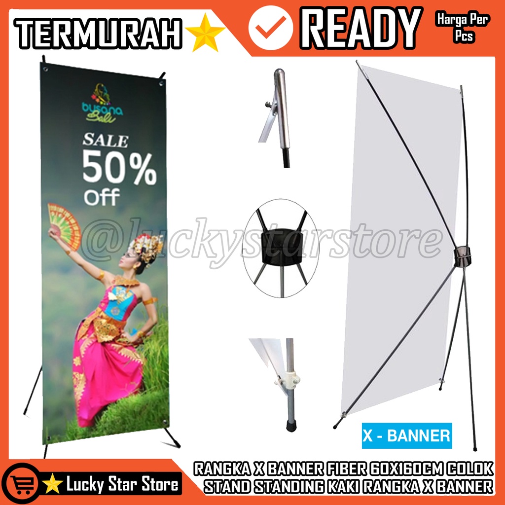 Standing Stand Rangka Tiang Baner Pipa X Banner 160 x 60 Ex Besi Metal Fiber Hitam Itam Display Fram
