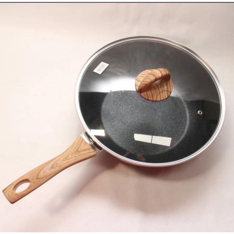 YOSHIKAWA MINOWA WAJAN PANCI WOKPAN MARBLE TEFLON 30CM + TUTUP KACA