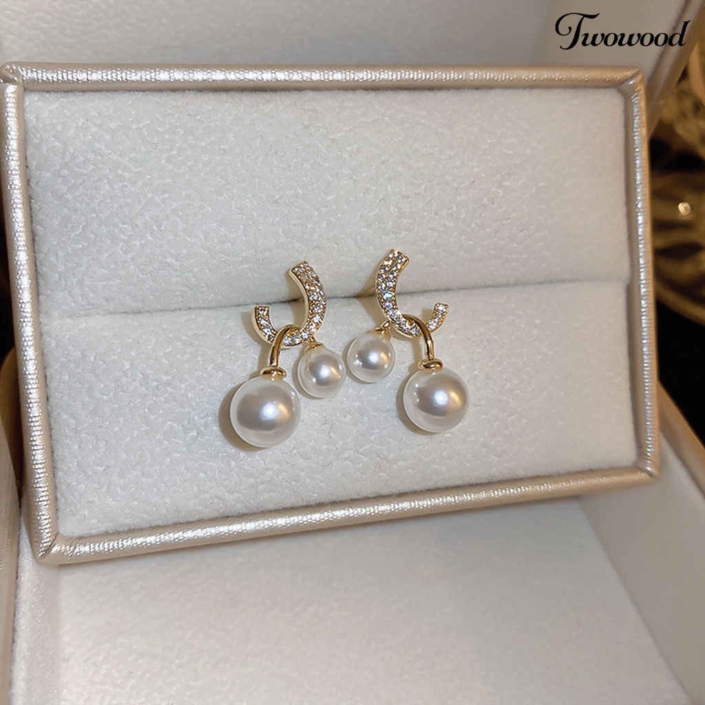 Twowood 1pasang Stud Earrings Dual Faux Pearls Dainty Golden Bling Berlian Imitasi Wanita Drop Earrings Fashion Perhiasan